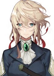  1girl absurdres ascot bangs black_jacket blonde_hair blue_eyes breasts eyebrows_visible_through_hair grey_ascot hair_between_eyes hair_ribbon highres jacket large_breasts messy_hair red_ribbon ribbon shiny shiny_hair simple_background solo upper_body violet_evergarden violet_evergarden_(series) white_background yoshio_(55level) 