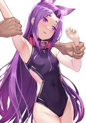  1girl bangs breasts collar fate/grand_order fate_(series) forehead highres long_hair medusa_(fate) medusa_(lancer)_(fate) parted_bangs purple_collar purple_hair rui_rubellent sidelocks small_breasts thighs very_long_hair violet_eyes 