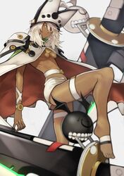  1girl absurdres belt beltbra breasts dark-skinned_female dark_skin grey_hair guilty_gear guilty_gear_xrd hat highres long_hair lucifero medium_breasts orange_eyes ramlethal_valentine short_shorts shorts solo thigh_strap under_boob yellow_eyes yoshio_(55level) 