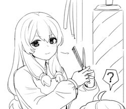  1girl 1other ? ahoge barber barber_pole cain_(gunnermul) closed_mouth comb eyebrows_visible_through_hair greyscale hair_between_eyes holding holding_comb holding_scissors long_hair looking_at_viewer monochrome original out_of_frame scissors sketch smile 