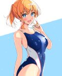  1girl blonde_hair blue_eyes blue_swimsuit breasts competition_swimsuit cowboy_shot looking_at_viewer medium_breasts multicolored_background one-piece_swimsuit original ponytail short_hair solo swimsuit toyomi_13 wet wet_clothes wet_swimsuit 