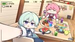  2girls :o ai-chan_(honkai_impact) bangs black_gloves blue_dress blue_eyes blurry blurry_background bow cabbage camera clock closed_mouth crystal dress eating floor food fork fruit glass gloves hair_between_eyes hair_bow highres holding holding_fork holding_knife honkai_(series) honkai_impact_3rd indoors juice knife liliya_olenyeva long_hair looking_at_viewer multiple_girls murata_himeko official_art open_mouth outstretched_arm photo_(object) pinafore_dress pink_hair plate raiden_mei raven_(honkai_impact_3rd) red_dress rozaliya_olenyeva selfie shirt short_sleeves siblings table twins viewfinder wall watermelon white_shirt 