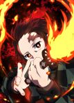  1boy checkered_obi close-up commentary flaming_eye flaming_sword flaming_weapon highres hijinzou kamado_tanjirou kimetsu_no_yaiba male_focus red_eyes scar scar_on_face scar_on_forehead solo solo_focus 