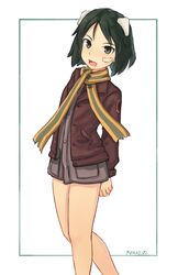  1girl animal_ears bandaid bandaid_on_face black_hair blush bomber_jacket brave_witches brown_eyes brown_jacket dog_ears eyebrows_visible_through_hair highres jacket kanno_naoe looking_at_viewer military military_uniform open_mouth scarf seraziel shiny shiny_hair short_hair simple_background smile solo standing uniform white_background world_witches_series 