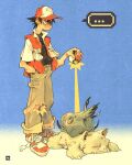  ... 1boy black_hair bright_pupils brown_pants bulbasaur full_body hand_in_pocket hat highres holding holding_poke_ball milc_2000 pants poke_ball pokemon pokemon_(creature) red_(pokemon) red_eyes red_vest shoes short_sleeves solo spoken_ellipsis standing torn_clothes torn_pants vest white_pupils 