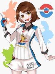  1girl arm_up bangs black_collar blue_gloves blush bob_cut brown_eyes brown_hair character_name collar collared_shirt dynamax_band gloria_(pokemon) gloves grookey gym_uniform happy head_tilt holding holding_poke_ball jersey light_blush long_sleeves numbered open_mouth pointing pointing_up poke_ball poke_ball_symbol pokemon pokemon_(creature) pokemon_(game) pokemon_swsh scorbunny setta_shu shirt short_hair shorts silhouette simple_background single_glove smile sobble striped striped_shirt swept_bangs teeth two-tone_gloves white_background white_gloves white_shirt white_shorts 