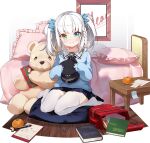 1girl ark_order artist_request backpack bag bangs bed bed_sheet bedroom black_bow black_bowtie blue_eyes blue_skirt blue_sweater book bow bowtie braid closed_mouth cushion faux_figurine food food-themed_hair_ornament fruit full_body gift hair_ornament hat heterochromia holding holding_clothes holding_hat kagura_gumi kagura_mea kamaboko long_hair long_sleeves looking_at_viewer mandarin_orange narutomaki notepad official_art pen pillow pleated_skirt randoseru red_bag side_braid sitting skirt smile solo stuffed_animal stuffed_toy sweater table teddy_bear thigh-highs two_side_up wariza white_hair white_legwear wooden_floor yellow_eyes younger zabuton 