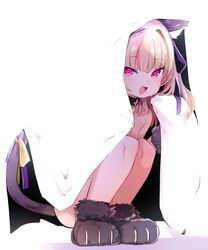  1girl :d absurdres animal_ears animal_hands ass bangs blonde_hair blush cat_ears cat_tail collar flat_chest gloves highres looking_at_viewer makaino_ririmu multicolored_hair nijisanji nude paw_gloves paw_shoes pink_hair smile solo squatting sweat tail twintails two-tone_hair utsusumi_kio violet_eyes virtual_youtuber 