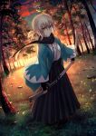  1girl alternate_hairstyle bangs black_hakama black_scarf blonde_hair closed_mouth clouds commentary_request eyebrows_visible_through_hair fate/grand_order fate_(series) forest grass green_eyes hair_between_eyes hakama hakama_skirt haori highres holding holding_sword holding_weapon japanese_clothes katana kaze_minoru_so-ru kimono koha-ace looking_at_viewer nature okita_souji_(fate) okita_souji_(koha/ace) open_clothes outdoors ponytail scarf sheath sheathed shinsengumi short_hair short_ponytail sidelocks skirt sky solo sunlight sword tree weapon white_kimono wide_sleeves 