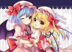  2girls ;d ascot back_bow bangs bat_wings blonde_hair blue_hair blush bow brooch chibi commentary commentary_request crystal english_text eyebrows_visible_through_hair eyelashes fang flandre_scarlet frilled_shirt_collar frills full_body hat hat_bow hat_ribbon heart holding_hands hug interlocked_fingers jewelry looking_at_viewer mob_cap multicolored_wings multiple_girls one_eye_closed puffy_short_sleeves puffy_sleeves red_bow red_eyes red_ribbon remilia_scarlet ribbon ruhika sash shirt short_hair short_sleeves siblings side_ponytail sisters skirt smile sparkle standing striped striped_background touhou upper_body white_background white_sash white_shirt wings 