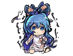  1girl bangs barefoot blue_bow blue_eyes blue_hair bow chibi commentary debt dress english_commentary expressionless full_body fumo_(doll) hair_between_eyes hair_bow highres holding holding_stuffed_toy jitome lis long_hair long_sleeves no_nose official_style outline patch signature simple_background sleeves_past_wrists solo stuffed_animal stuffed_cat stuffed_toy touhou touhou_gouyoku_ibun very_long_hair wavy_hair white_background white_dress yorigami_shion 