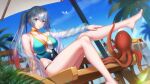  1girl absurdres bangs bare_legs barefoot beach_chair blue_sky blue_swimsuit bottle breasts chinese_commentary choker closed_mouth commentary_request day dutch_angle eyebrows_visible_through_hair feet food foot_out_of_frame fruit girls&#039;_frontline_neural_cloud girls_frontline gradient_hair green_eyes hair_between_eyes hand_on_own_leg highleg highleg_swimsuit highres hong_bai jacket large_breasts long_hair long_sleeves looking_at_viewer lwmmg_(girls&#039;_frontline) multicolored_hair octopus one-piece_swimsuit open_clothes open_jacket orange_choker outdoors palm_tree redhead see-through see-through_jacket silver_hair sitting sky solo swimsuit tree twintails 