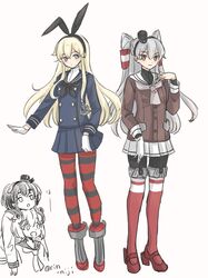  4girls alternate_costume amatsukaze_(kancolle) bangs blonde_hair blue_eyes blue_skirt blush brown_eyes eyebrows_visible_through_hair garter_straps gloves grey_background grey_hair hair_tubes hairband headgear kantai_collection long_hair long_sleeves multiple_girls neckerchief open_mouth pleated_skirt rin_(rin_niji) sailor_collar school_uniform serafuku shimakaze_(kancolle) short_hair short_hair_with_long_locks simple_background single_glove skirt smile standing striped striped_legwear tokitsukaze_(kancolle) twitter_username two_side_up white_gloves white_skirt yukikaze_(kancolle) 