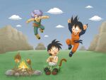  3boys :d absurdres black_eyes black_hair blue_eyes blue_hair brothers clouds commentary commission commissioner_upload cooking day dragon_ball eating english_commentary floating flying food grass highres looking_at_another male_focus meat midair mitsui_jun mountain multiple_boys open_mouth outdoors science_fiction second-party_source short_hair siblings sky smile son_gohan son_goten spiky_hair stick stone trunks_(dragon_ball) 