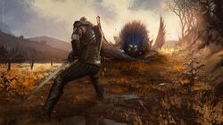  1boy absurdres armor blue_hair boots brown_footwear brown_pants creature fence fighting_stance from_behind geralt_of_rivia grass griffin highres holding holding_sword holding_weapon house kalmahul knee_boots looking_at_another nature outdoors pants scenery shoulder_armor standing sunset sword the_witcher_(series) the_witcher_3 weapon white_hair wings 