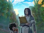  2boys absurdres animal_ears bag black_hair blue_sky burger cat_ears child clouds cloudy_sky day food fuc_kouken highres holding holding_food long_hair low-tied_long_hair luoxiaohei multiple_boys outdoors short_hair sky standing the_legend_of_luo_xiaohei upper_body wuxian_(the_legend_of_luoxiaohei) 