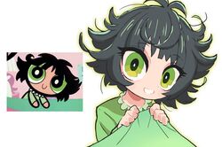  1girl antenna_hair big_eyes black_hair blanket buttercup_(ppg) closed_mouth eyebrows_visible_through_hair eyelashes eyes_visible_through_hair gashi-gashi glowing green_eyes green_theme highres holding holding_blanket long_eyelashes looking_at_viewer messy_hair open_mouth outer_glow outline powerpuff_girls reference_inset reference_photo short_hair simple_background smile white_background 