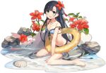  1girl :d ark_order bangs bare_legs bikini black_hair blue_bikini blue_eyes breasts chang&#039;e_(ark_orer) faux_figurine flower frilled_innertube front-tie_bikini front-tie_top full_body hair_flower hair_ornament hair_tassel hibiscus innertube large_breasts leaf long_hair looking_at_viewer official_art partially_submerged red_flower shell shell_necklace side-tie_bikini sitting smile solo stone stuffed_animal stuffed_bunny stuffed_toy swimsuit tassel thigh_scrunchie transparent_background very_long_hair wariza water yellow_innertube yue_yue 
