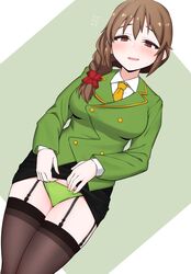  1girl :d black_legwear blush braid breasts brown_hair clothes_lift dutch_angle flying_sweatdrops garter_straps green_panties highres idolmaster idolmaster_cinderella_girls lifted_by_self long_hair looking_at_viewer minakami necktie panties pencil_skirt red_eyes senkawa_chihiro skirt skirt_lift smile solo thigh-highs underwear uniform 