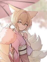  1girl absurdres animal_ears arknights bangs blonde_hair blurry blurry_background braid closed_mouth commentary_request cotton_candy depth_of_field eyebrows_visible_through_hair food fox_ears fox_girl fox_tail from_side green_eyes hair_between_eyes hair_rings hairband highres holding holding_food japanese_clothes kimono kyuubi long_sleeves looking_at_viewer looking_to_the_side multiple_tails obi oil-paper_umbrella pink_hairband pink_kimono red_(aba02) red_umbrella sash sleeves_past_wrists smile solo suzuran_(arknights) tail twin_braids umbrella wide_sleeves 