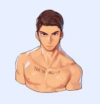  1boy blue_background brown_hair cropped_torso english_text highres nipples original pectorals rinotuna serious short_hair simple_background solo topless_male upper_body 