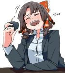  1girl alcohol bangs black_jacket blazer bow breasts brown_hair choko_(cup) closed_eyes collared_shirt commentary_request cookie_(touhou) cowboy_shot cup frilled_bow frills hair_bow hair_tubes hakurei_reimu highres jacket laughing long_sleeves medium_breasts office_lady ohasi open_mouth red_bow sake sananana_(cookie) shirt short_hair simple_background solo third-party_source touhou translation_request white_background white_shirt 