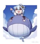  1girl blue_hair blue_sky brown_eyes chibi clouds dixie_cup_hat double_bun flying hat kantai_collection little_blue_whale_(kancolle) long_sleeves military_hat navy_cross roshi_chen samuel_b._roberts_(kancolle) shirt short_hair sky whale white_shirt 