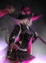  1girl animal_ears avatar_(ffxiv) blonde_hair cat_ears cat_tail cowboy_shot ears_through_headwear final_fantasy final_fantasy_xiv fingerless_gloves gloves hair_over_one_eye hat highres lianeige lips miqo&#039;te over_shoulder pink_eyes pleated_skirt reaper_(final_fantasy) scythe short_hair skirt solo tail thigh-highs weapon weapon_over_shoulder witch_hat wrist_guards 