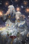  1boy 1girl bangs blue_bow blue_capelet blush bow box capelet christmas commentary dated dress elezen elf estinien final_fantasy final_fantasy_xiv flower grey_eyes hand_on_own_face hands_up hetero highres holding holding_box hover_hand lily_(flower) long_hair moogle pointy_ears shuangbatian sidelocks signature silver_hair snow snowing white_dress winter ysayle_dangoulain 