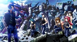  1boy 5girls artist_name ayamine_kei black_hair black_jacket black_tank_top blue_hair blue_pants breasts brown_hair f-4j_gekishin fubuki_(muvluv) green_eyes grey_shirt hair_ears halter_top halterneck hand_on_hip hands_in_pockets jacket mecha medium_breasts mitsurugi_meiya multiple_girls muvluv muvluv_alternative pants popmaru_chuui rubble sakaki_chizuru science_fiction shirogane_takeru shirt short_hair smile tactical_surface_fighter takemikazuchi_(muvluv) tamase_miki tank_top twintails type_94_shiranui violet_eyes visor waving yoroi_mikoto 