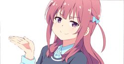  1girl brown_hair clip_studio_paint_(medium) collared_shirt girlish_number karasuma_chitose_(girlish_number) long_hair looking_at_viewer open_hand shirt simple_background sketch smile smug solo tied_hair tomato_(lsj44867) violet_eyes white_background 