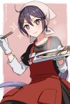  +_+ 1girl ahoge akebono_(kancolle) animal_print apron bandana bunny_print chopsticks commentary_request fish food gloves hair_between_eyes hair_ornament hairclip highres holding holding_food kantai_collection lime_slice long_hair long_sleeves low_ponytail natsume_(natsume_melio) pink_background purple_hair saury smile solo twitter_username upper_body violet_eyes white_background white_gloves 
