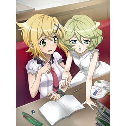  2girls akatsuki_kirika artist_request blonde_hair blue_eyes blush breasts collarbone elfnein eyebrows_visible_through_hair green_eyes hair_ornament indoors medium_breasts multiple_girls necktie official_art open_mouth red_necktie school_uniform senki_zesshou_symphogear shiny shiny_hair short_hair sleeveless small_breasts studying sweatdrop x_hair_ornament yuri 