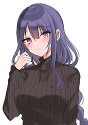  1girl bangs black_sweater braid breasts commentary_request eyebrows_visible_through_hair genshin_impact hair_between_eyes hand_up kinona long_hair long_sleeves looking_at_viewer medium_breasts purple_hair raiden_shogun ribbed_sweater simple_background single_braid solo sweater turtleneck turtleneck_sweater upper_body very_long_hair violet_eyes white_background 