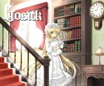  1girl bangs blonde_hair blunt_bangs book bookshelf bow clock commentary_request copyright_name curtains day desk desk_lamp dress eyebrows_visible_through_hair feet_out_of_frame frilled_curtains frilled_dress frilled_hat frilled_pillow frills gosick green_eyes hanabana_tsubomi hat hat_bow hime_cut holding holding_pillow indoors lace-trimmed_dress lace_trim lamp layered_dress long_dress long_hair long_sleeves looking_at_viewer mob_cap nightcap nightgown one_eye_closed pillow railing red_curtains ribbon rubbing_eyes sidelocks sleepwear sleepy solo stairs standing too_many too_many_frills very_long_hair victorica_de_blois wall_clock white_bow white_dress white_headwear white_ribbon window 