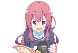  1girl book brown_hair clenched_hand clip_studio_paint_(medium) collared_shirt girlish_number holding holding_book karasuma_chitose_(girlish_number) long_hair microphone open_mouth shirt simple_background solo sweatdrop tied_hair tomato_(lsj44867) violet_eyes white_background 