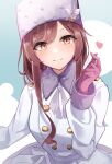  1girl absurdres bangs blush brown_hair closed_mouth coat eyebrows_visible_through_hair fur_collar fur_hat fur_trim gloves hat highres idolmaster idolmaster_shiny_colors long_hair long_sleeves looking_at_viewer odecono3 oosaki_amana pink_gloves smile solo swept_bangs white_coat white_headwear winter_clothes yellow_eyes 