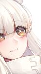  1girl arknights bangs binggong_asylum blush clenched_teeth commentary_request eyebrows_visible_through_hair high_collar highres long_hair platinum_(arknights) portrait silver_hair simple_background solo teeth uneven_eyes white_background yellow_eyes 