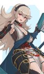  1girl armor bangs blush bodysuit breasts corrin_(fire_emblem) corrin_(fire_emblem)_(female) fire_emblem fire_emblem_fates fire_emblem_heroes fishnets gloves gonzarez hair_between_eyes hair_ornament hairband highres japanese_clothes kimono kunai long_hair looking_at_viewer manakete ninja open_mouth pointy_ears red_eyes scarf short_kimono silver_hair simple_background smile solo thigh-highs weapon white_hair 