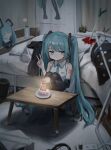  1girl absurdres aqua_eyes aqua_hair aqua_nails aqua_necktie arm_tattoo bangs bare_shoulders bed bedroom birthday_cake black_legwear blood cake clothes_hanger clothes_on_bed collared_shirt commentary detached_sleeves flower food hand_on_own_knee hatsune_miku highres horror_(theme) indoors knees_up long_hair nail_polish necktie on_floor plant plate poster_(object) potted_plant rug sakiika0513 shirt sitting solo spring_onion stuffed_toy table tattoo thigh-highs twintails v vocaloid white_shirt 