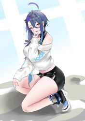  1girl absurdres ahoge azur_lane black_shorts breasts foch_(azur_lane) foch_(rainbow_rendezvous)_(azur_lane) full_body hair_between_eyes high-waist_shorts highres large_breasts mianbaoren midriff_peek multicolored_hair off-shoulder_sweater off_shoulder official_alternate_costume open_mouth purple_hair red_eyes shoes shorts sneakers sweater v white_sweater 