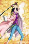  1girl arms_up bangs black_hair blue_pants denim eyewear_on_head full_body glasses gloves katana official_art one_piece pants pink_coat purple_shirt sheath shirt simple_background slashing standing sword tashigi tied_hair weapon 