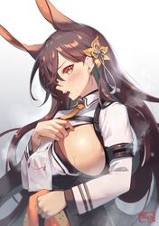  1girl animal_ears azur_lane bangs breasts brown_hair character_print chikuma_(azur_lane) collared_shirt commentary_request earrings flower hair_between_eyes hair_flower hair_ornament highres holding holding_towel jewelry large_breasts long_hair long_sleeves looking_at_viewer manjuu_(azur_lane) mole mole_under_mouth necktie open_mouth orange_eyes orange_necktie print_towel rabbit_ears shimotsuki_shio shirt sideboob simple_background solo steaming_body sweat towel upper_body white_shirt 