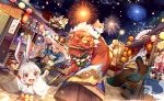  animal_ears bell chinese_commentary ebisu_(onmyoji) fireworks greetload highres inugami_(onmyoji) lantern lantern_on_liquid mouba_(onmyoji) night night_sky official_art onmyoji open_mouth paper_lantern red_eyes sky tail white_hair yamausagi youko_(onmyoji) yuki_onna_(onmyoji) 