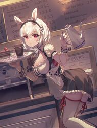  1girl absurdres animal_ears apron azur_lane bangs black_dress blush breasts cake choker coffee collarbone commentary_request dress eyebrows_visible_through_hair food frilled_apron frilled_choker frilled_dress frills hair_between_eyes highres lace-trimmed_hairband lace_trim large_breasts looking_at_viewer maid maid_apron maid_headdress photoshop_(medium) puffy_sleeves rabbit_girl rabbit_tail red_eyes revision seemu_(wnslqjdignv_) short_hair short_sleeves sirius_(azur_lane) solo tail thigh-highs tray waitress white_apron white_dress white_hair white_legwear 