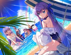  4girls bandages bb_(fate) bb_(swimsuit_mooncancer)_(fate) beach breasts claws commentary_request cup drinking_glass drinking_straw eyebrows_visible_through_hair fate/grand_order fate_(series) hair_ribbon heterochromia ice ice_cube kingprotea_(fate) long_hair looking_at_viewer looking_back maydream meltryllis_(fate) meltryllis_(swimsuit_lancer)_(fate) multiple_girls ocean one-piece_swimsuit open_mouth parasol partially_submerged passionlip_(fate) purple_hair rainbow revision ribbon sand sarashi sharp_teeth smile swimsuit teeth tentacles umbrella very_long_hair water wet 