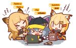  &gt;_&lt; 3girls :3 animal_ears arknights bangs black_headwear blonde_hair blush ceobe_(arknights) chibi click_(arknights) closed_eyes computer dog_ears dog_girl fang fox_ears fox_girl grey_hair hair_between_eyes hair_ornament hairclip hat highres jacket laptop long_hair mouse_ears mouse_girl mouse_tail multiple_girls notched_ear nuu_(nu-nyu) open_mouth pointing shirt short_hair simple_background skin_fang tail tears translation_request vermeil_(arknights) white_background 