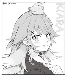  1girl :q animal_on_head blush character_name closed_mouth commentary drawstring earrings eyebrows_visible_through_hair feather_earrings feathers hair_ornament hairclip hololive hololive_english jewelry kotori_(takanashi_kiara) monochrome on_head rikodamu1 takanashi_kiara tongue tongue_out twitter_username virtual_youtuber 