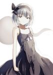  1girl bangs bare_shoulders black_dress black_hairband bow closed_mouth collarbone dress eyebrows_visible_through_hair ghost grey_eyes grey_hair hairband highres konpaku_youmu konpaku_youmu_(ghost) light looking_away myon_(phrase) natsume_suzuri short_hair simple_background sleeveless sleeveless_dress solo standing touhou white_background white_bow 