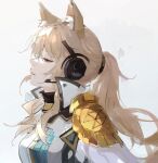  1girl animal_ear_fluff animal_ears arknights armor blonde_hair closed_eyes from_side highres horse_ears implied_extra_ears lips long_hair nearl_(arknights) nearl_the_radiant_knight_(arknights) official_alternate_costume parted_lips pauldrons ponytail portrait profile qianzhu shirt shoulder_armor simple_background single_pauldron solo white_background white_shirt 